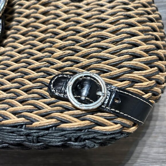 Brighton Debbie Black Tan Woven Leather Shoulder Bag Braided Handles Preppy - Picture 7 of 12